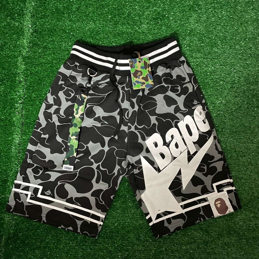 Bape Black & Gray Camo Athletic Shorts with White Logo